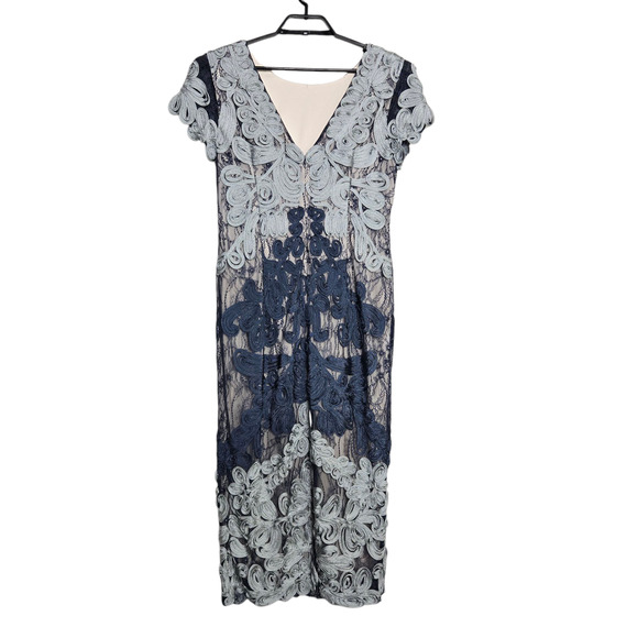 JS Collections Embroidered Ribbon Dress Size 12 Midi Blue Silver Shoet Sleeve - Picture 3 of 6